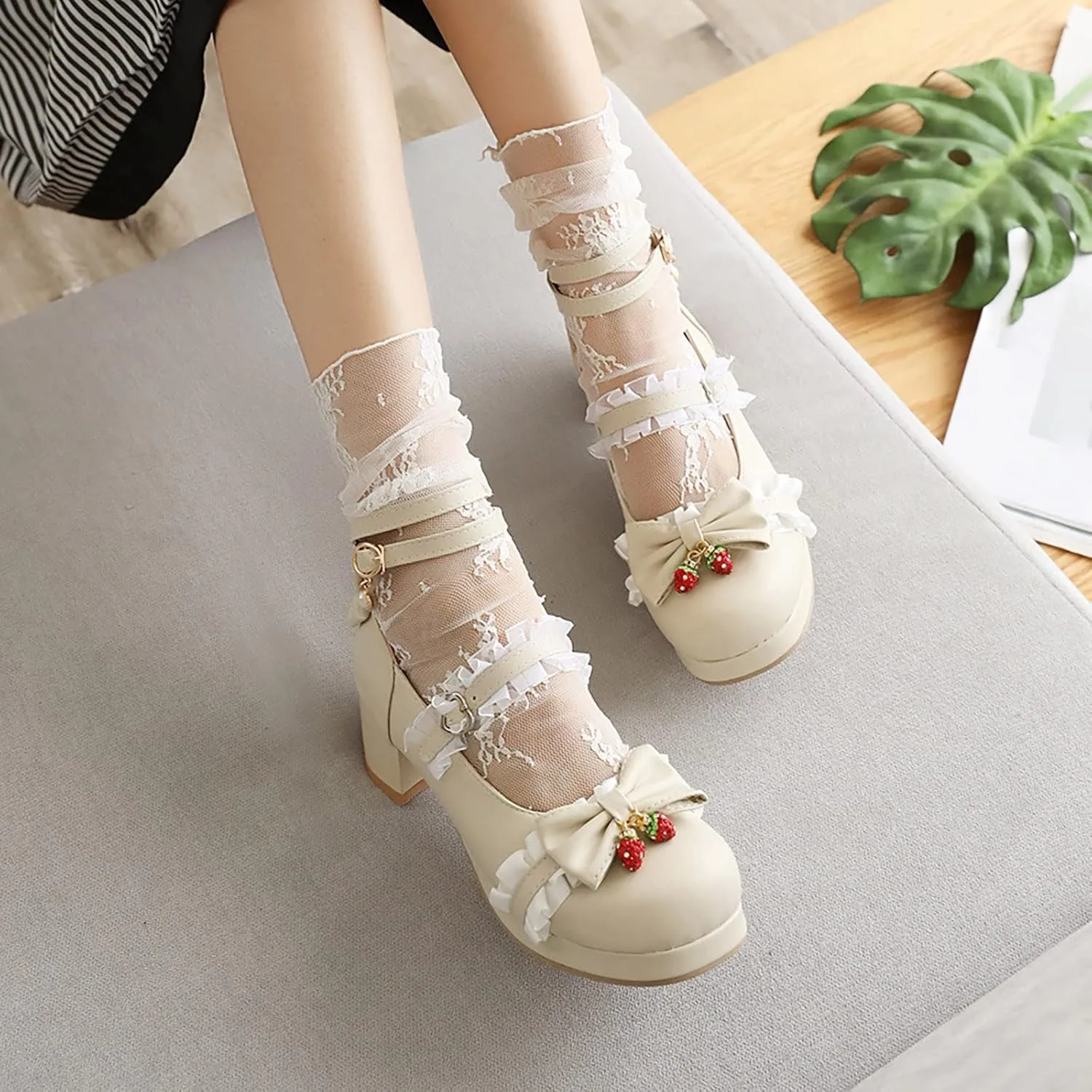 Girls Lolita Shoes Bow Pearl Kawaii Chunky Heel Platform Pumps Kids Cute Lace Ankle Strap Mary 𝐉anes Dress Shoes