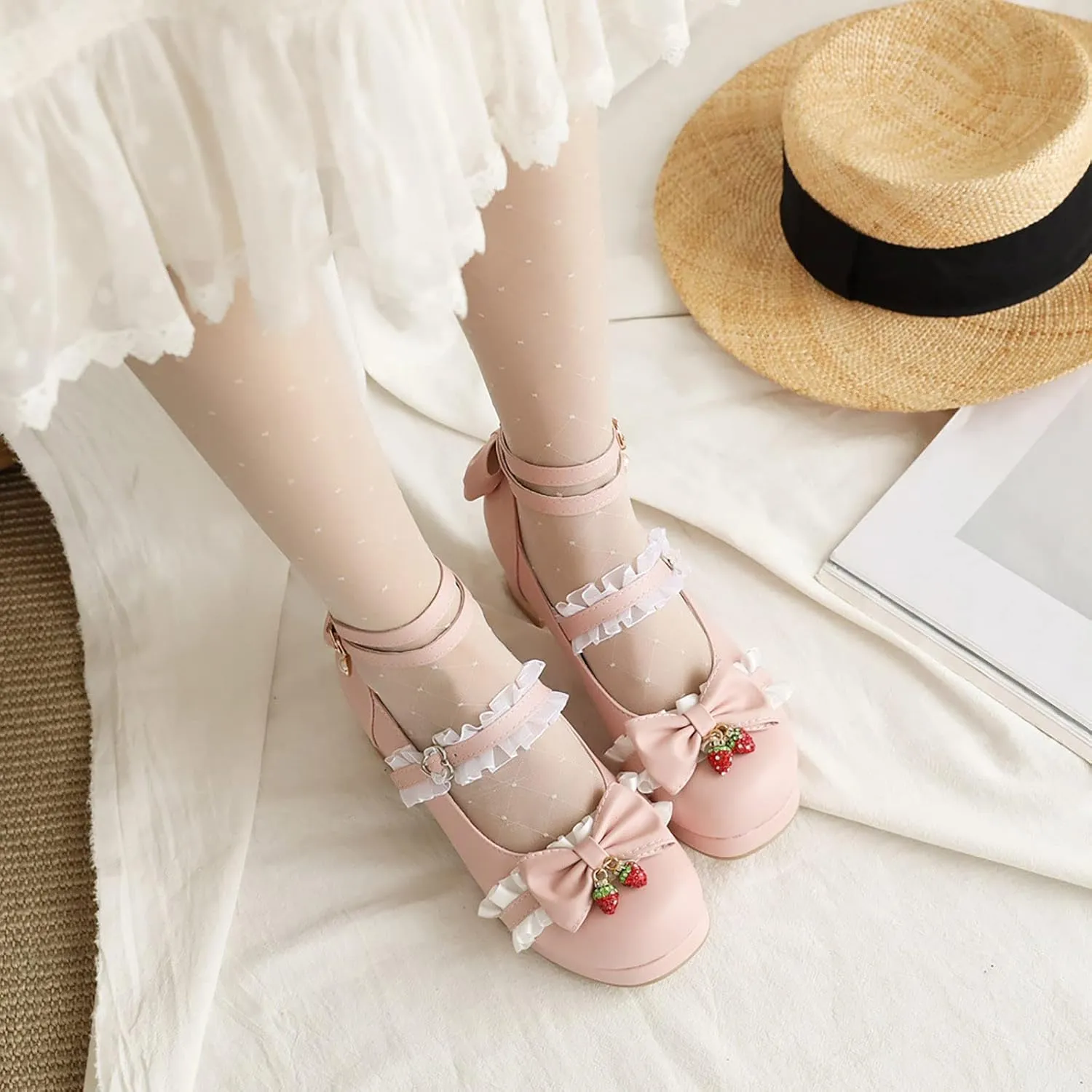 Girls Lolita Shoes Bow Pearl Kawaii Chunky Heel Platform Pumps Kids Cute Lace Ankle Strap Mary 𝐉anes Dress Shoes