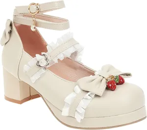 Girls Lolita Shoes Bow Pearl Kawaii Chunky Heel Platform Pumps Kids Cute Lace Ankle Strap Mary 𝐉anes Dress Shoes