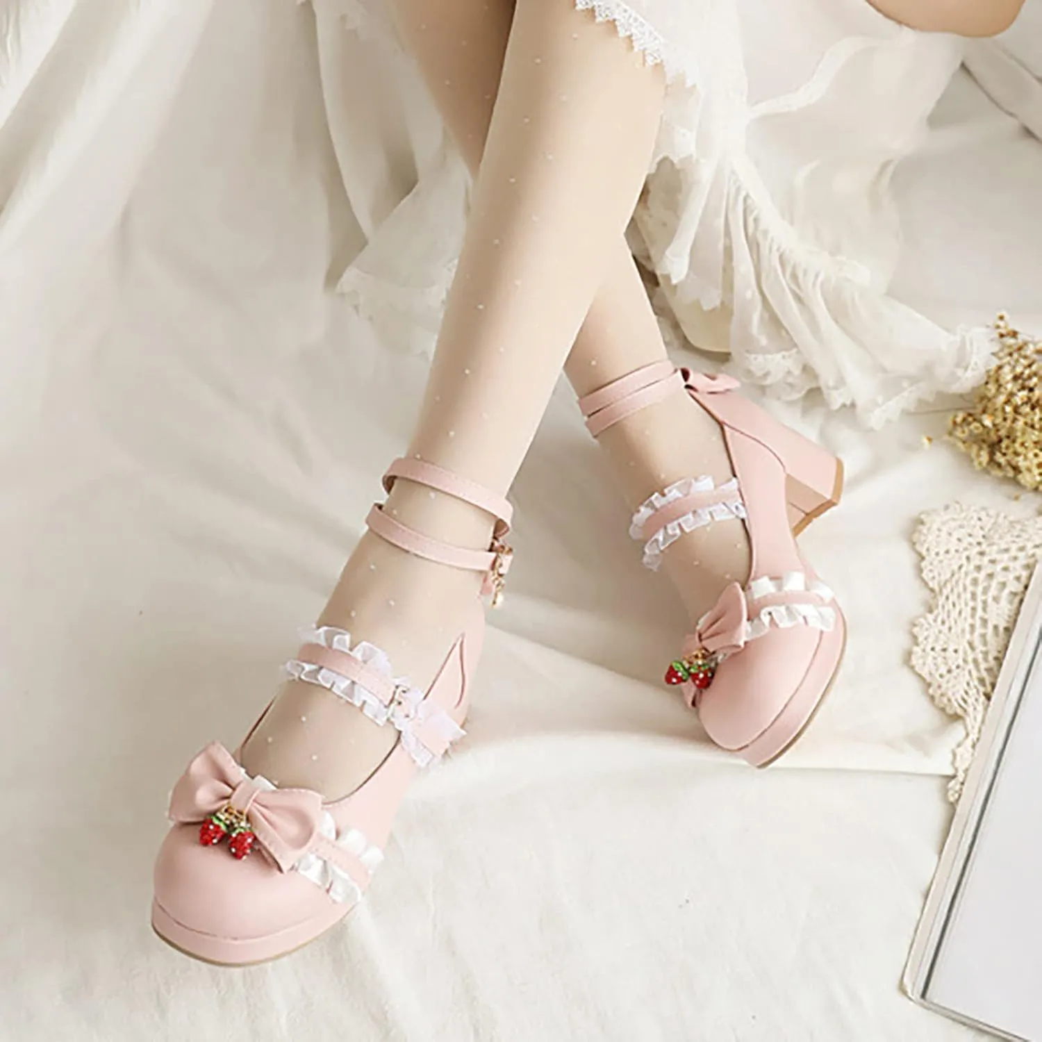 Girls Lolita Shoes Bow Pearl Kawaii Chunky Heel Platform Pumps Kids Cute Lace Ankle Strap Mary 𝐉anes Dress Shoes