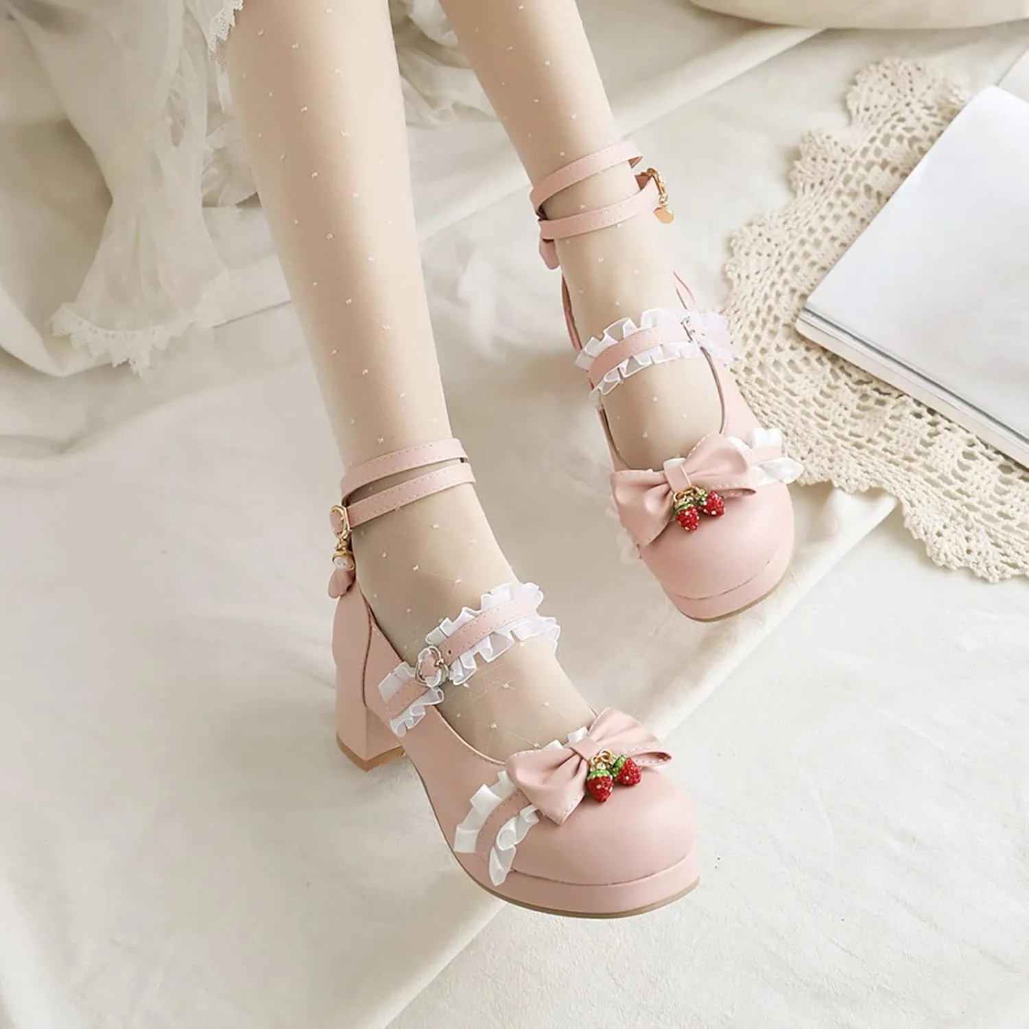 Girls Lolita Shoes Bow Pearl Kawaii Chunky Heel Platform Pumps Kids Cute Lace Ankle Strap Mary 𝐉anes Dress Shoes