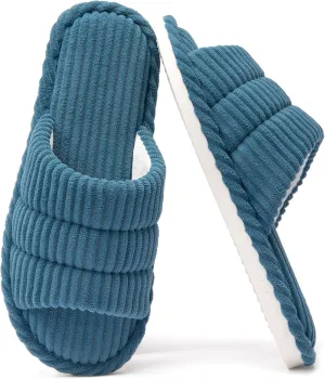 House Slippers for Women Corduroy Cross Band Slippers Open Toe Bedroom Indoor Shoes with Memory Foam