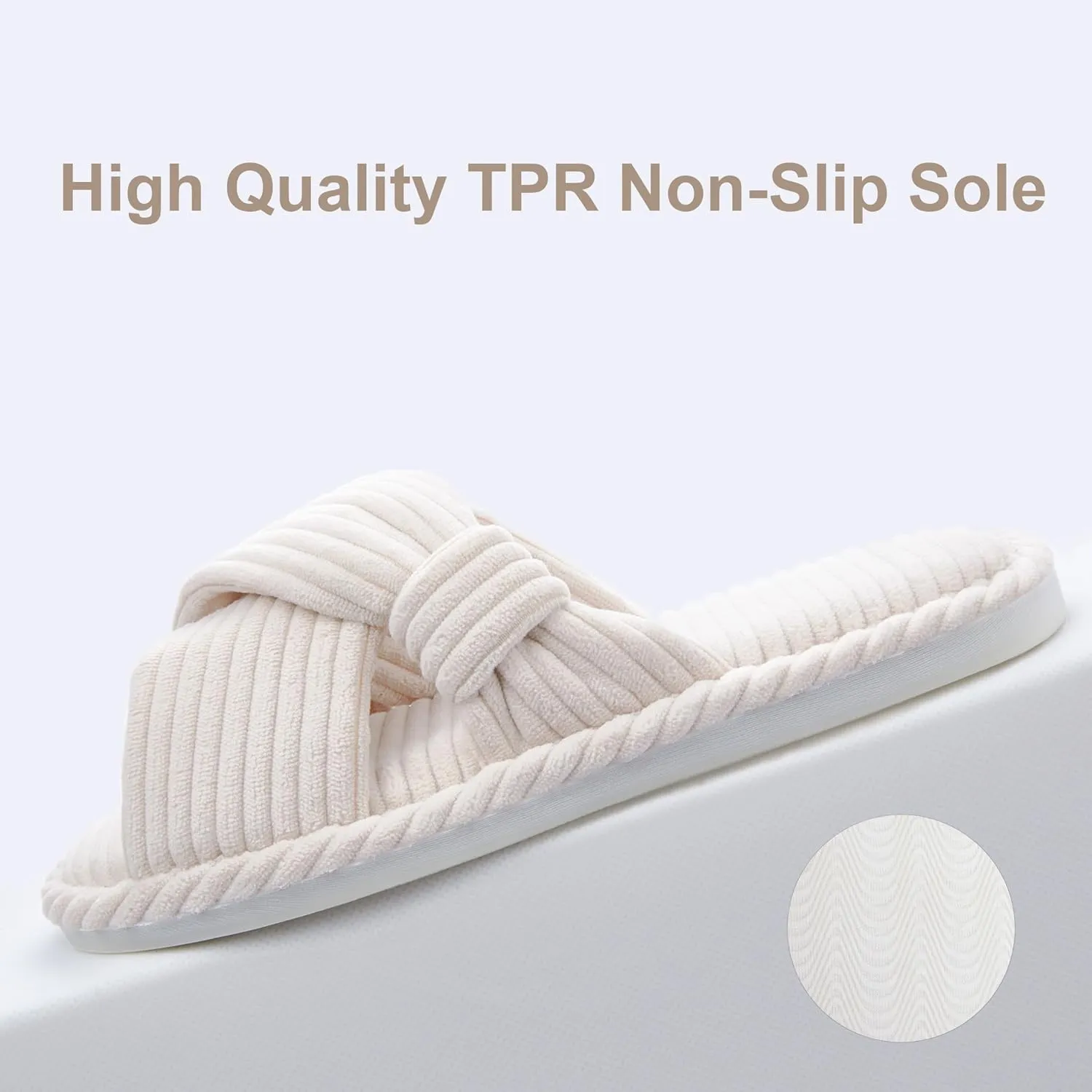 House Slippers for Women Corduroy Cross Band Slippers Open Toe Bedroom Indoor Shoes with Memory Foam