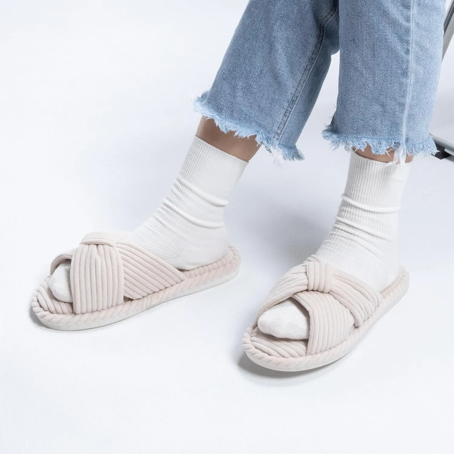 House Slippers for Women Corduroy Cross Band Slippers Open Toe Bedroom Indoor Shoes with Memory Foam