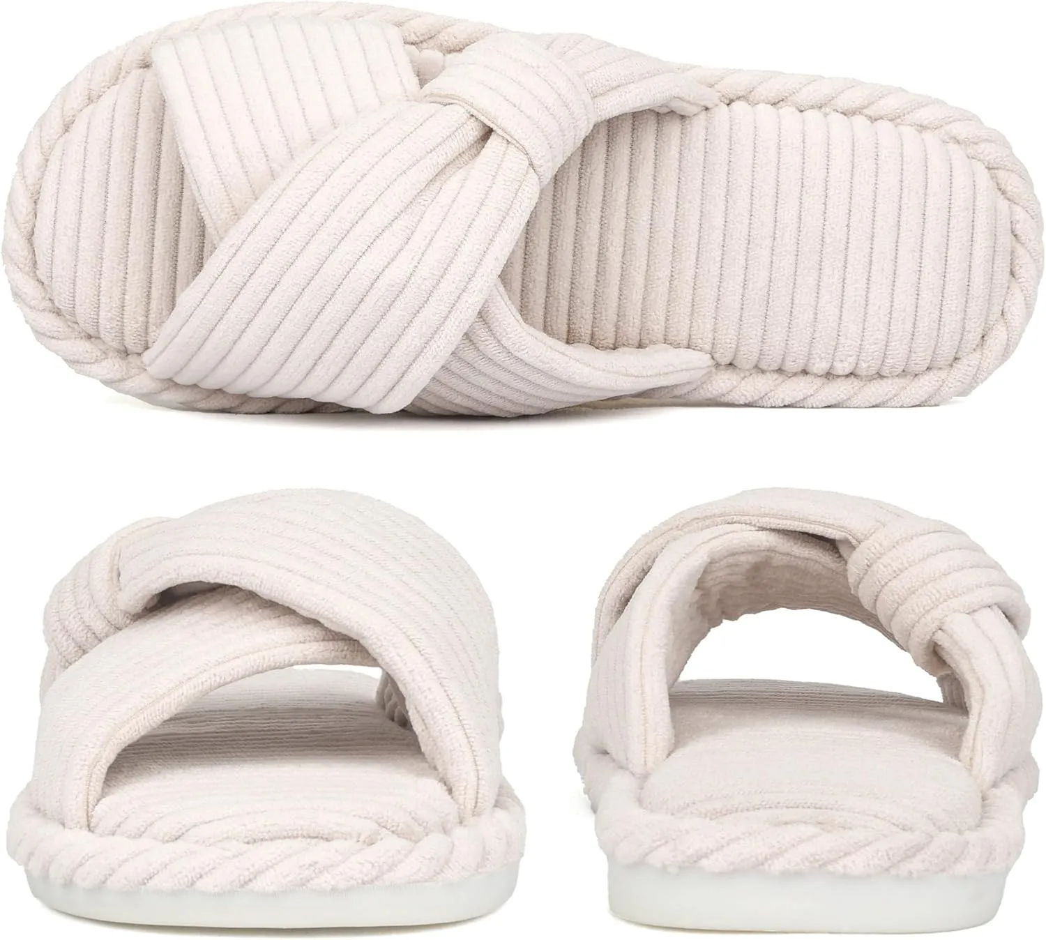 House Slippers for Women Corduroy Cross Band Slippers Open Toe Bedroom Indoor Shoes with Memory Foam