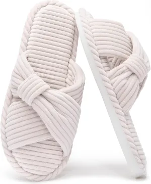 House Slippers for Women Corduroy Cross Band Slippers Open Toe Bedroom Indoor Shoes with Memory Foam