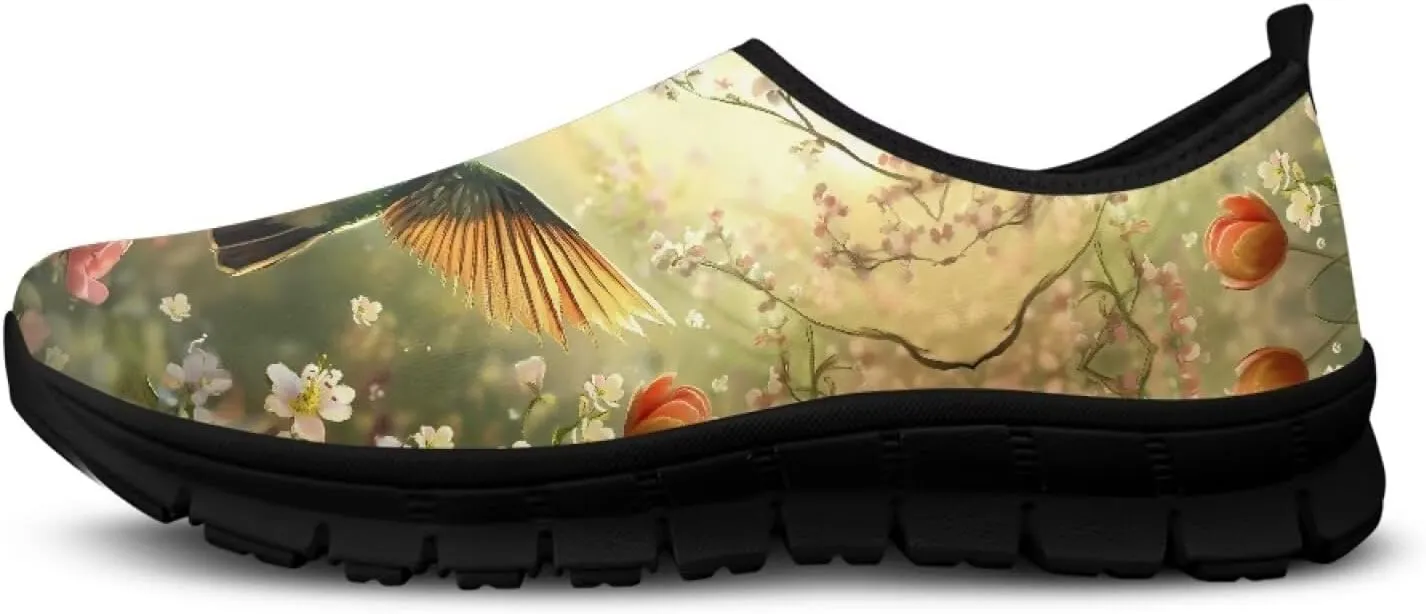 Hummingbirds Print Soft Loafers for Women Casual Trekking Mesh Shoes Non-Slip Walking Flat Shoes for All Seasons