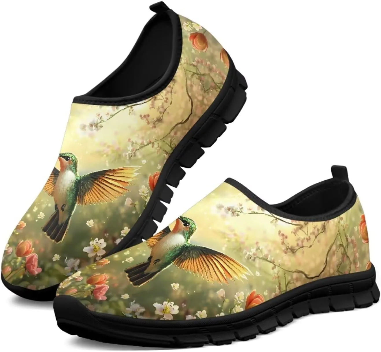Hummingbirds Print Soft Loafers for Women Casual Trekking Mesh Shoes Non-Slip Walking Flat Shoes for All Seasons