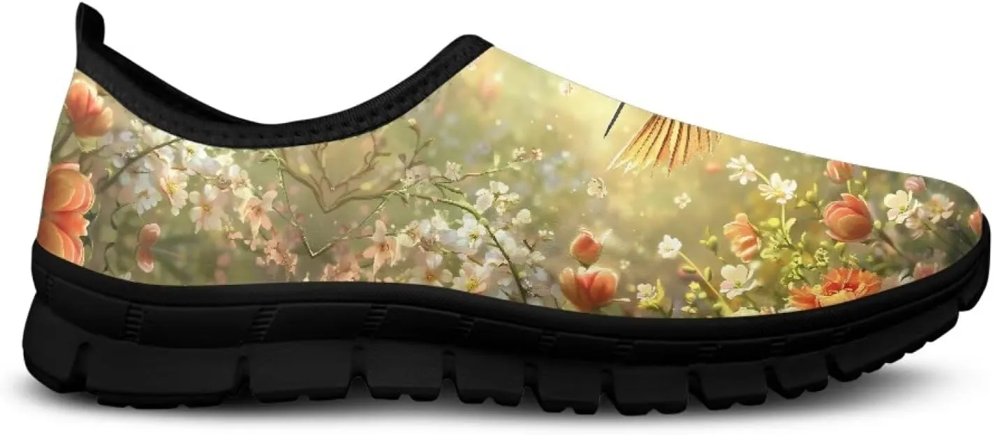 Hummingbirds Print Soft Loafers for Women Casual Trekking Mesh Shoes Non-Slip Walking Flat Shoes for All Seasons