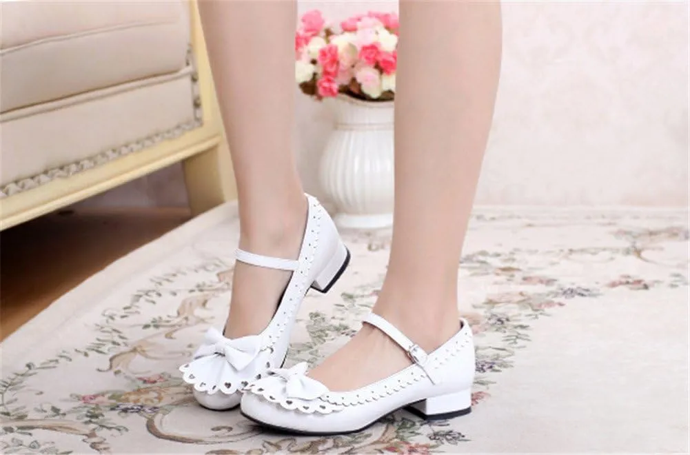 Japanese Sweet Lolita Tea Party Shoes Flounce Trim Bowtie Mary Jane Low Heel Shoes