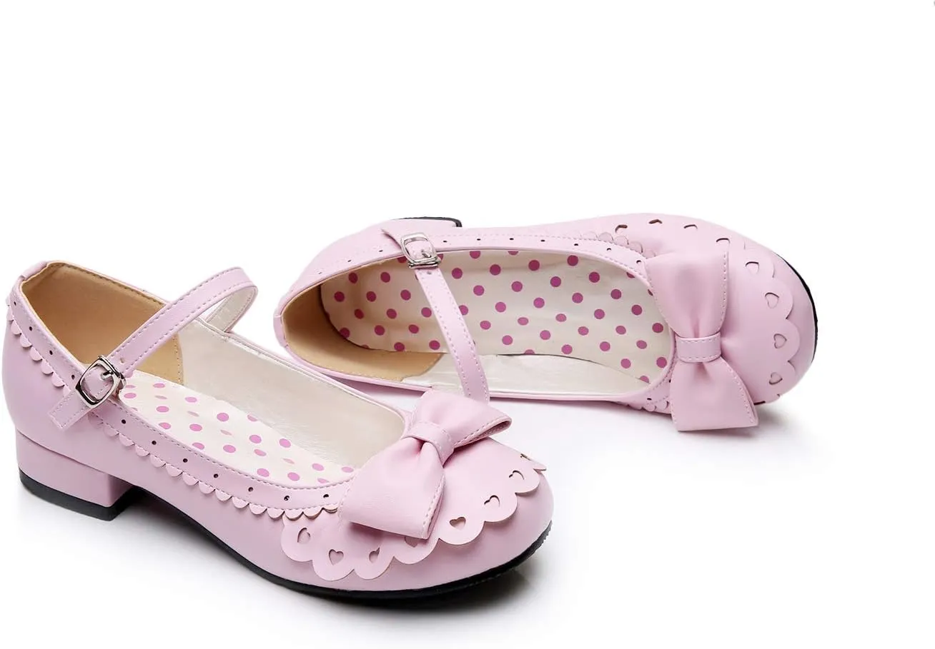 Japanese Sweet Lolita Tea Party Shoes Flounce Trim Bowtie Mary Jane Low Heel Shoes
