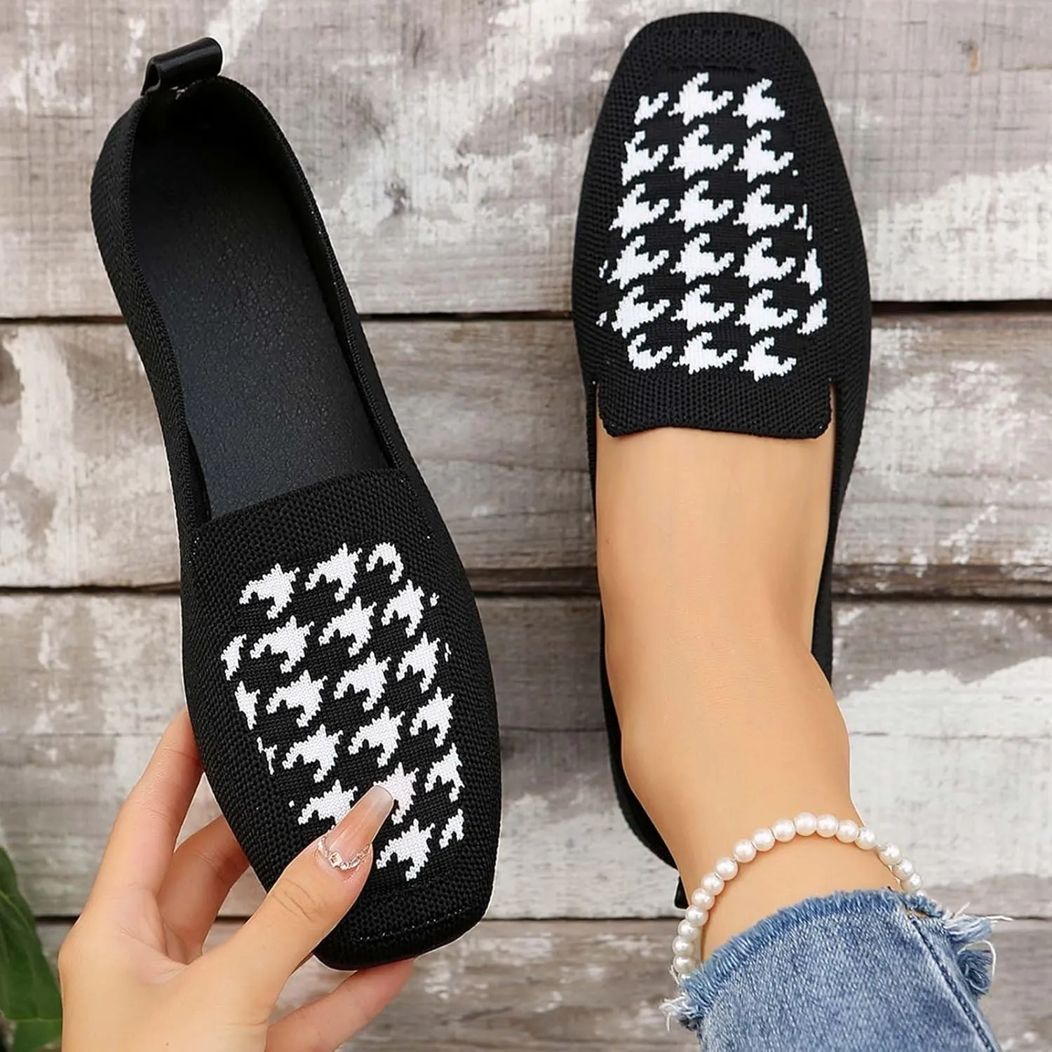 Ladies Casual Square Toe Flat Sole Fly Weave Soft Lightweight Large Size Casual Shoes Womens Casual Dress Shoes Wide