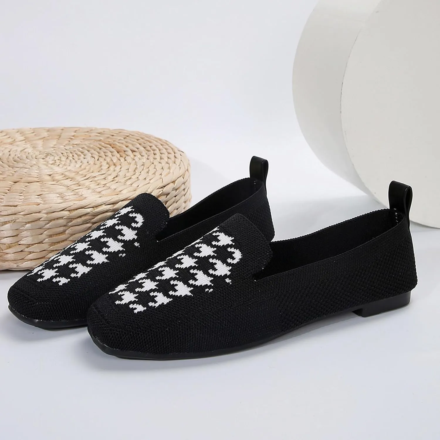 Ladies Casual Square Toe Flat Sole Fly Weave Soft Lightweight Large Size Casual Shoes Womens Casual Dress Shoes Wide