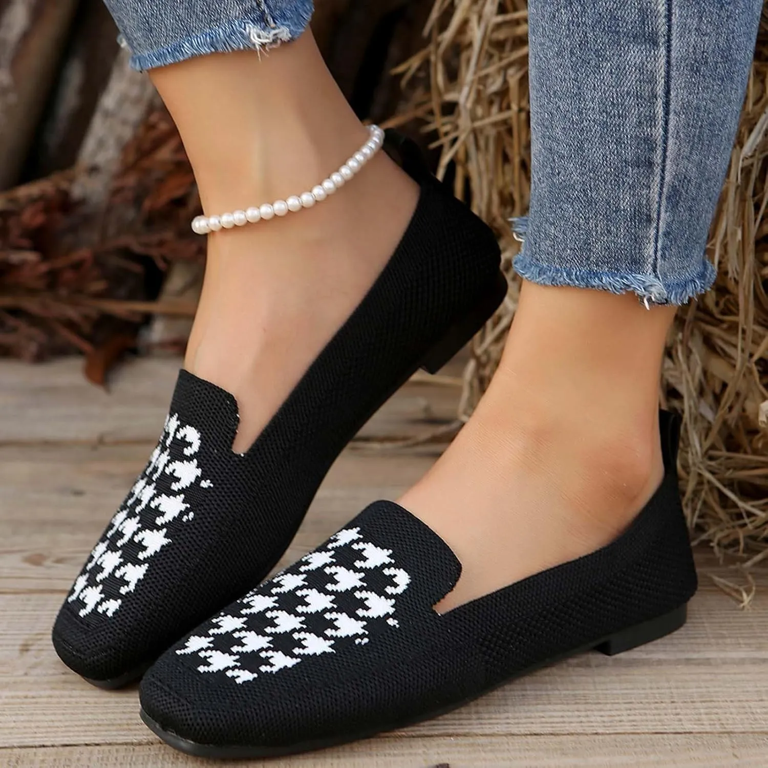 Ladies Casual Square Toe Flat Sole Fly Weave Soft Lightweight Large Size Casual Shoes Womens Casual Dress Shoes Wide