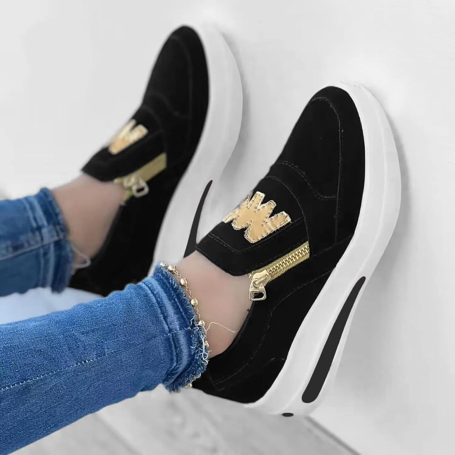 Ladies Fashion Solid Color Flock Side Zipper Platform Comfortable Casual Sports Shoes Womens Club C Sneaker