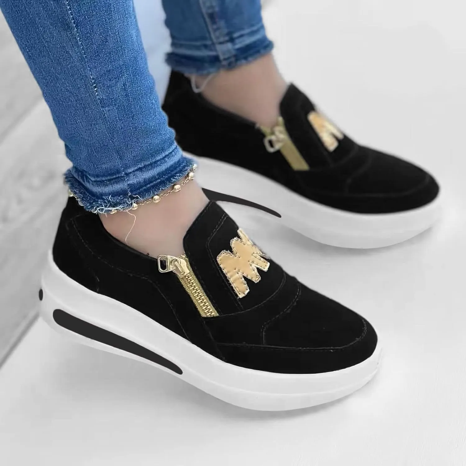Ladies Fashion Solid Color Flock Side Zipper Platform Comfortable Casual Sports Shoes Womens Club C Sneaker