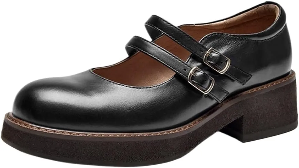 Loafers for Women Stylish Women's Calfskin Leather Round Toe Double Buckle Straps Uniform Shoes with Thick Sole