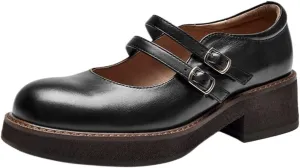Loafers for Women Stylish Women's Calfskin Leather Round Toe Double Buckle Straps Uniform Shoes with Thick Sole