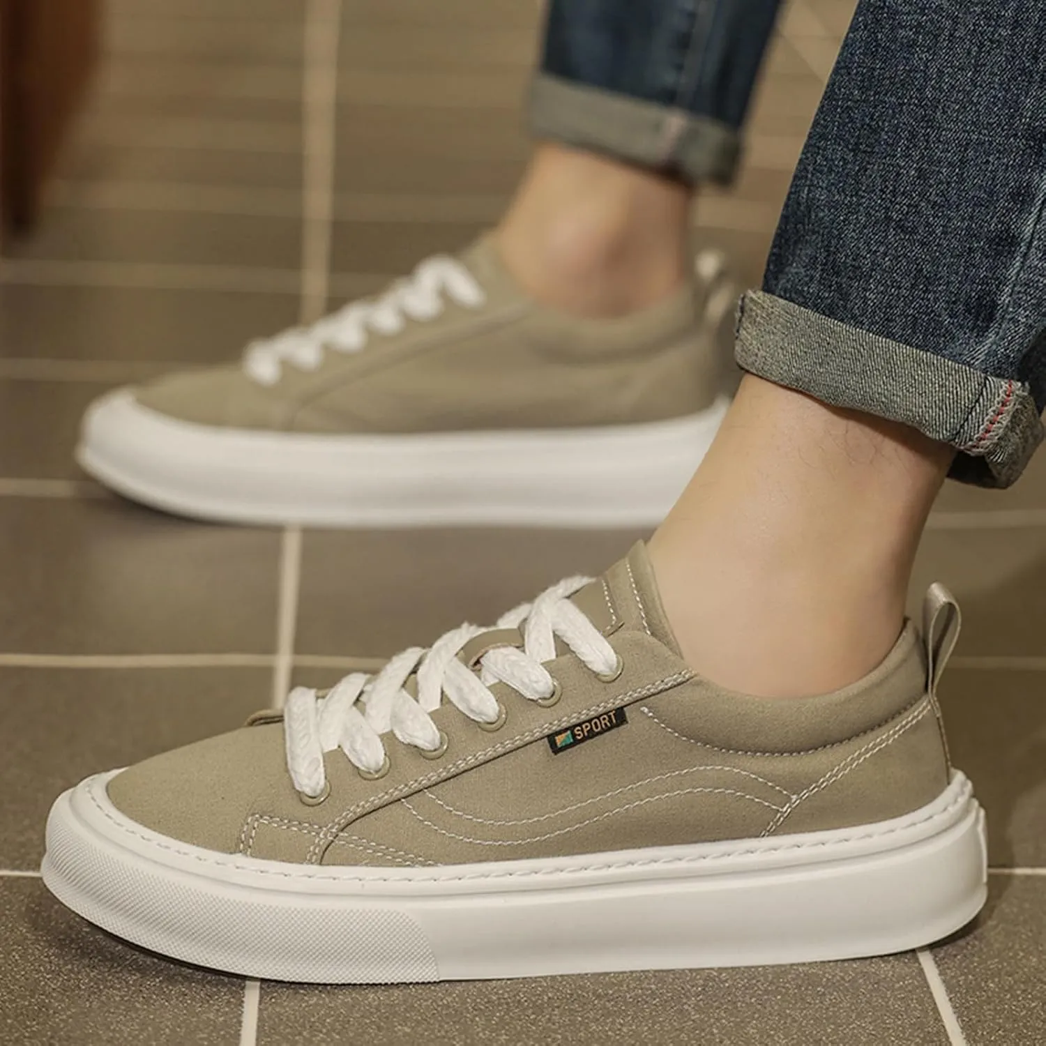 Men's Fashion Breathable Canvas Platform Lace Up Sneakers Casual Retro Lightweight Round Toe Non Slip Walking Daily Shoes