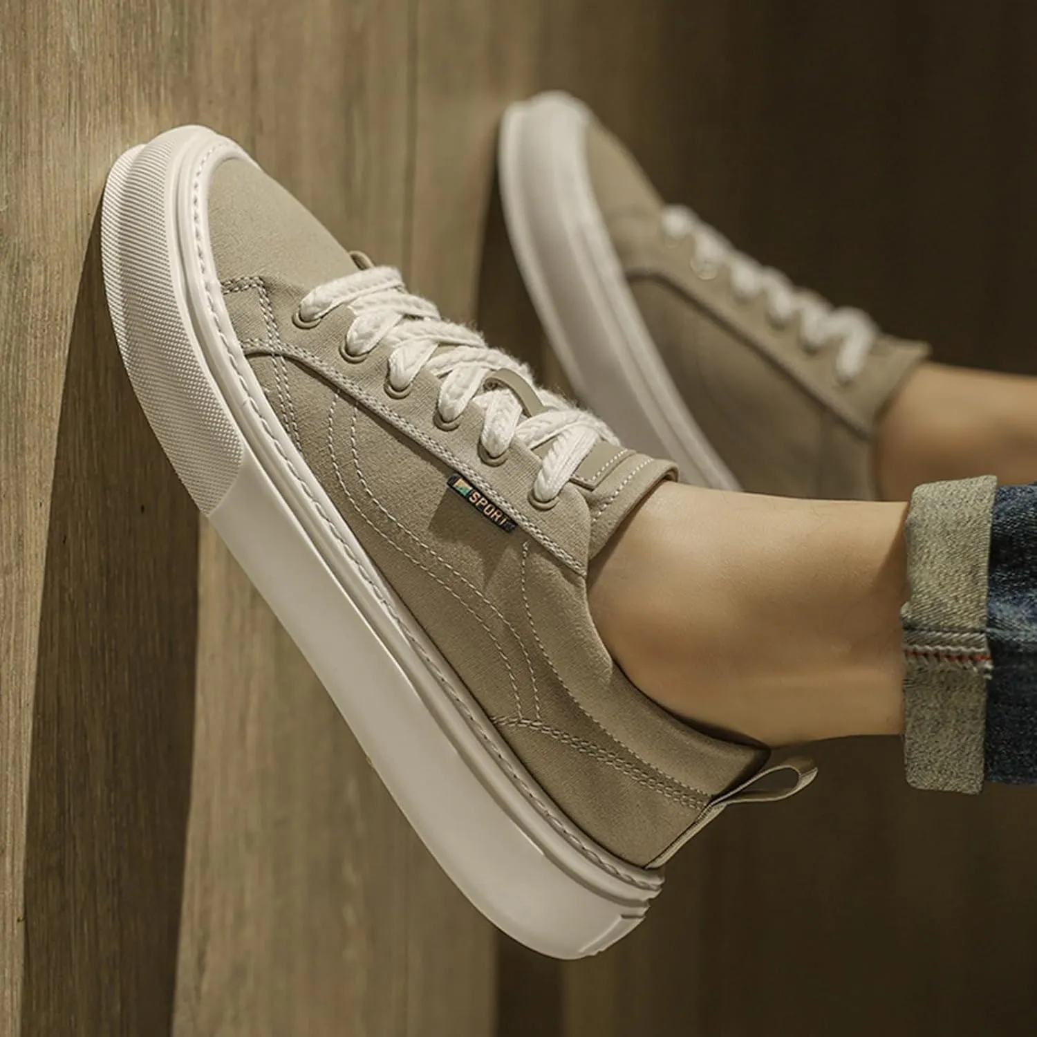 Men's Fashion Breathable Canvas Platform Lace Up Sneakers Casual Retro Lightweight Round Toe Non Slip Walking Daily Shoes