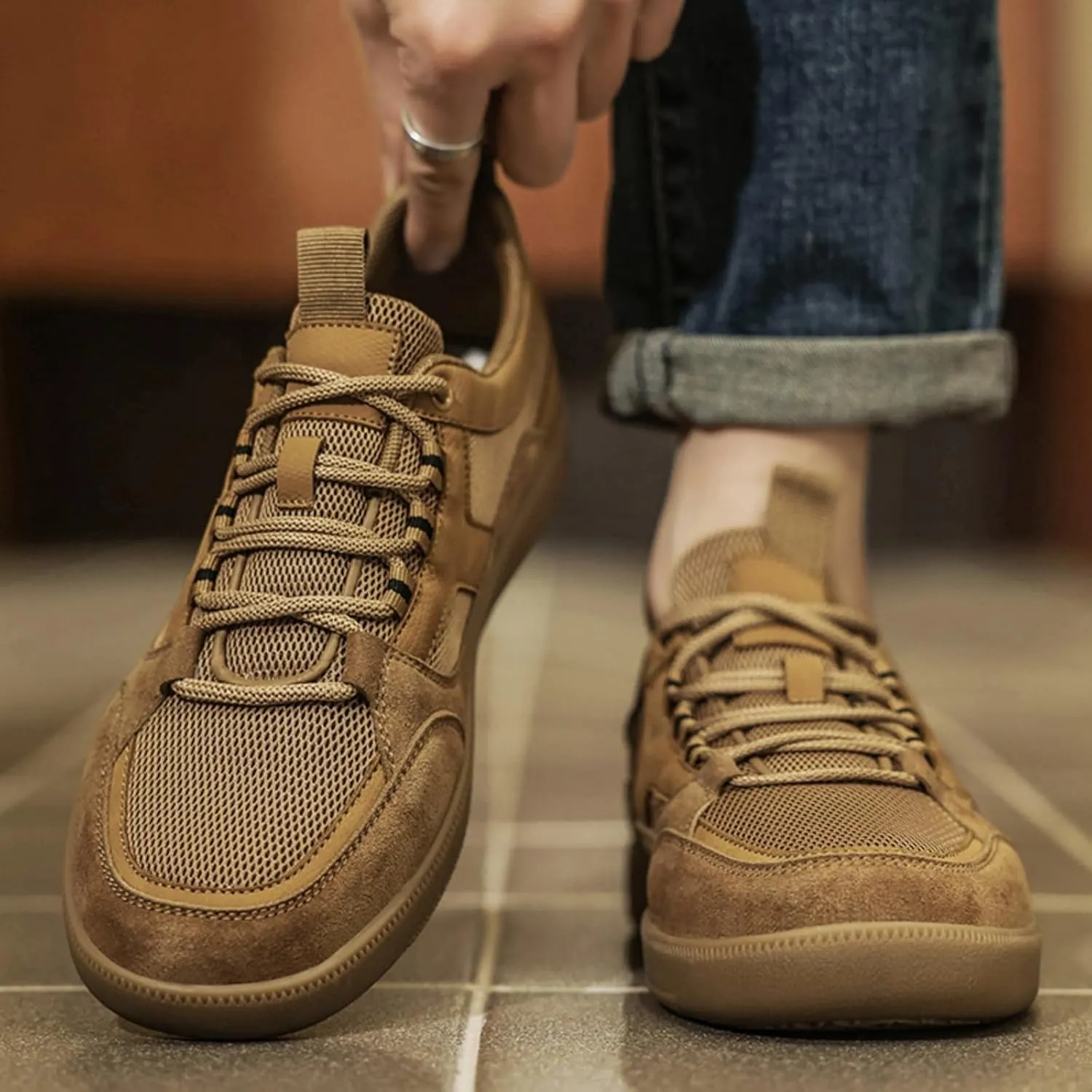 Men's Fashion Breathable Mesh Leather Lace Up Sneakers Casual Flats Retro Non Slip Round Toe Walking Driving Daily Shoes