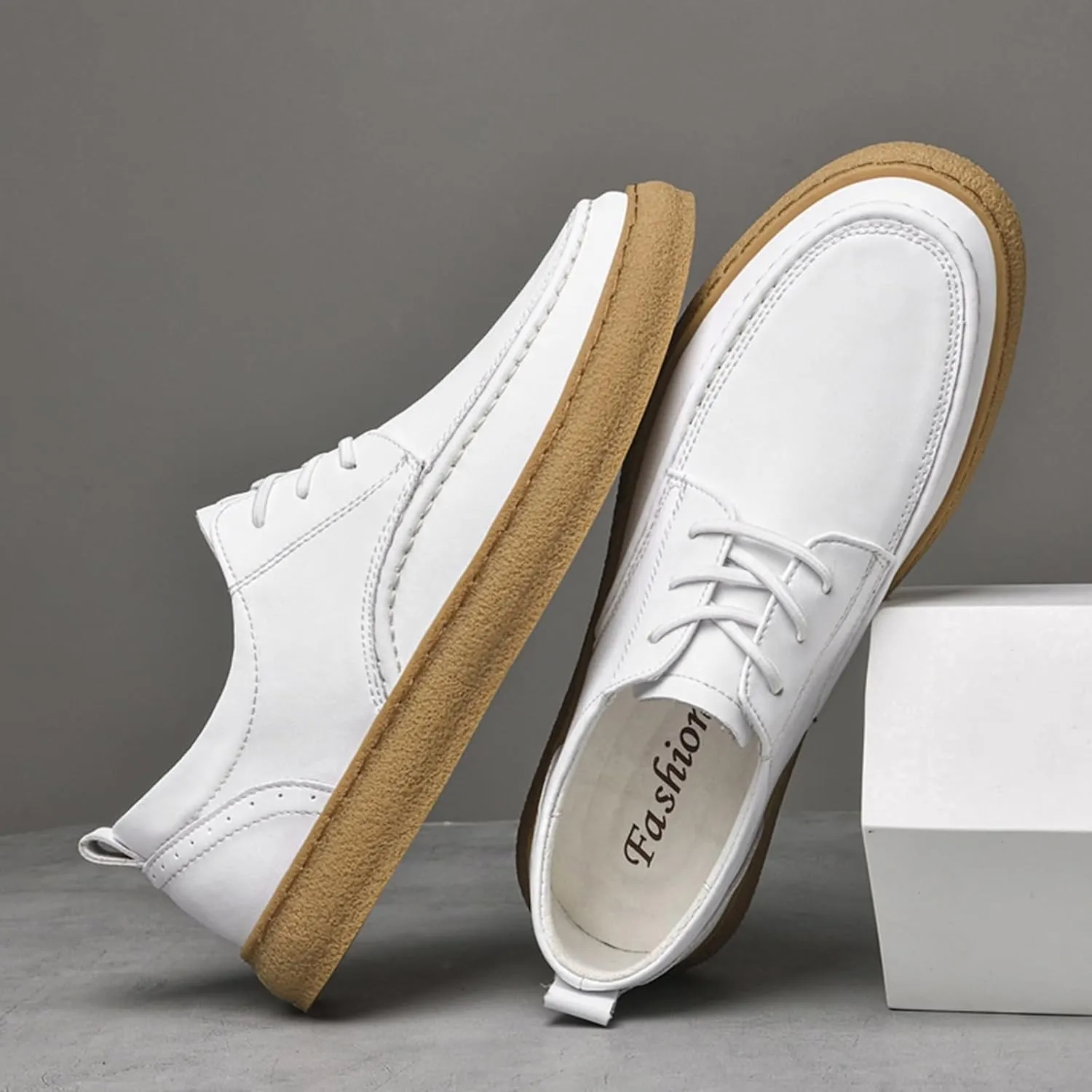 Men's Fashion Genuine Leather Lace Up Sneakers Classic Casual Low Top Comfortable Round Toe Flats Tennis Walking Driving Daily Shoes