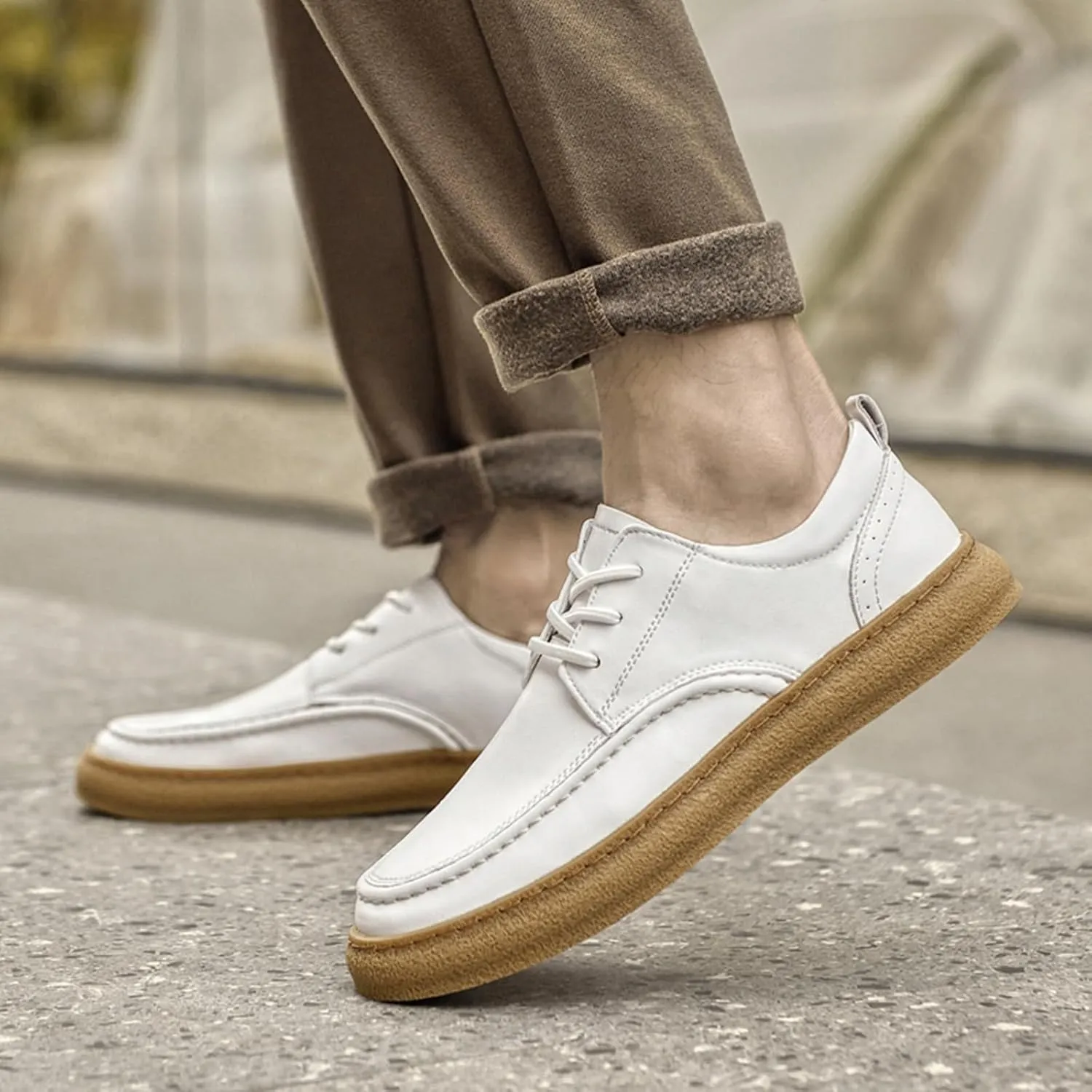 Men's Fashion Genuine Leather Lace Up Sneakers Classic Casual Low Top Comfortable Round Toe Flats Tennis Walking Driving Daily Shoes