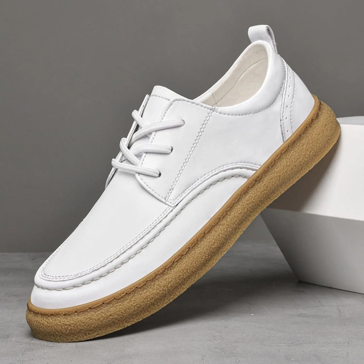 Men's Fashion Genuine Leather Lace Up Sneakers Classic Casual Low Top Comfortable Round Toe Flats Tennis Walking Driving Daily Shoes