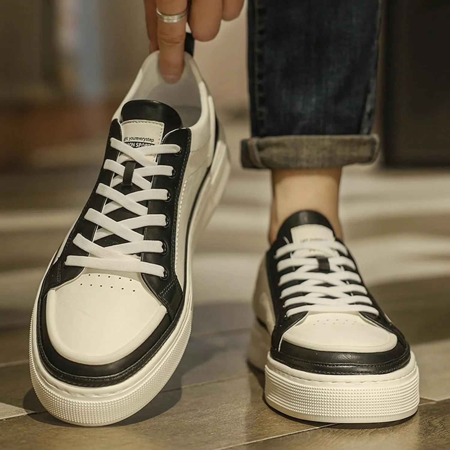 Men's Fashion Leather Lace up Platform Sneakers Lightweight Comfortable Non Slip Dress Casual Walking Tennis Driving Daily Shoes