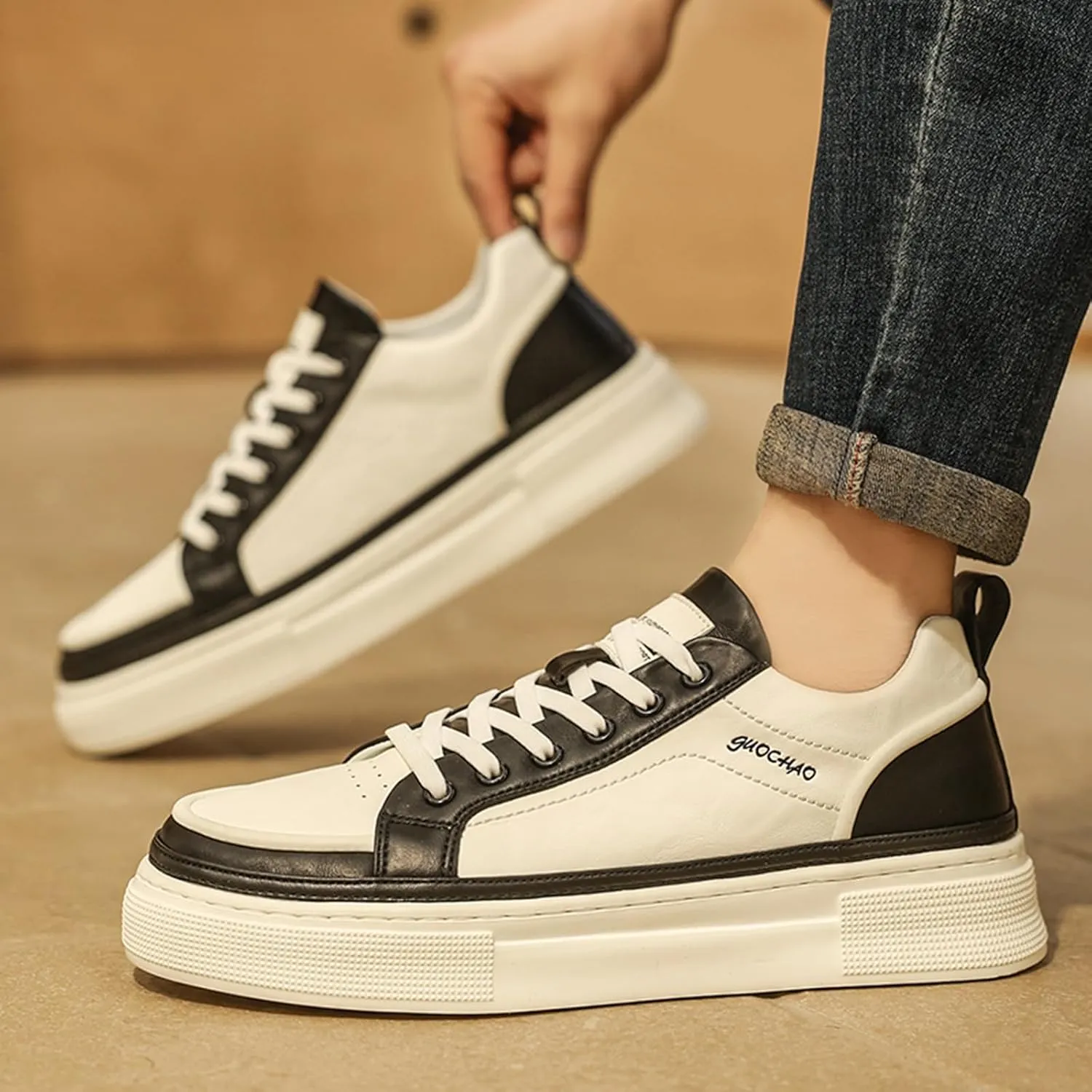 Men's Fashion Leather Lace up Platform Sneakers Lightweight Comfortable Non Slip Dress Casual Walking Tennis Driving Daily Shoes