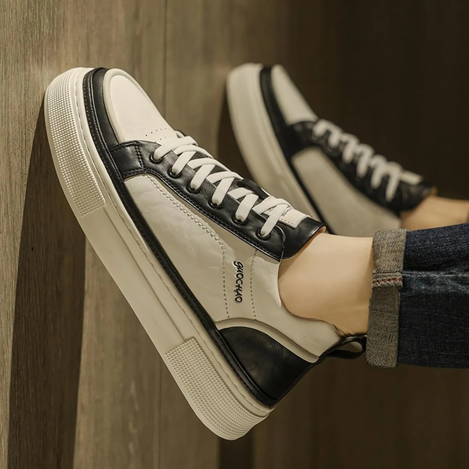 Men's Fashion Leather Lace up Platform Sneakers Lightweight Comfortable Non Slip Dress Casual Walking Tennis Driving Daily Shoes