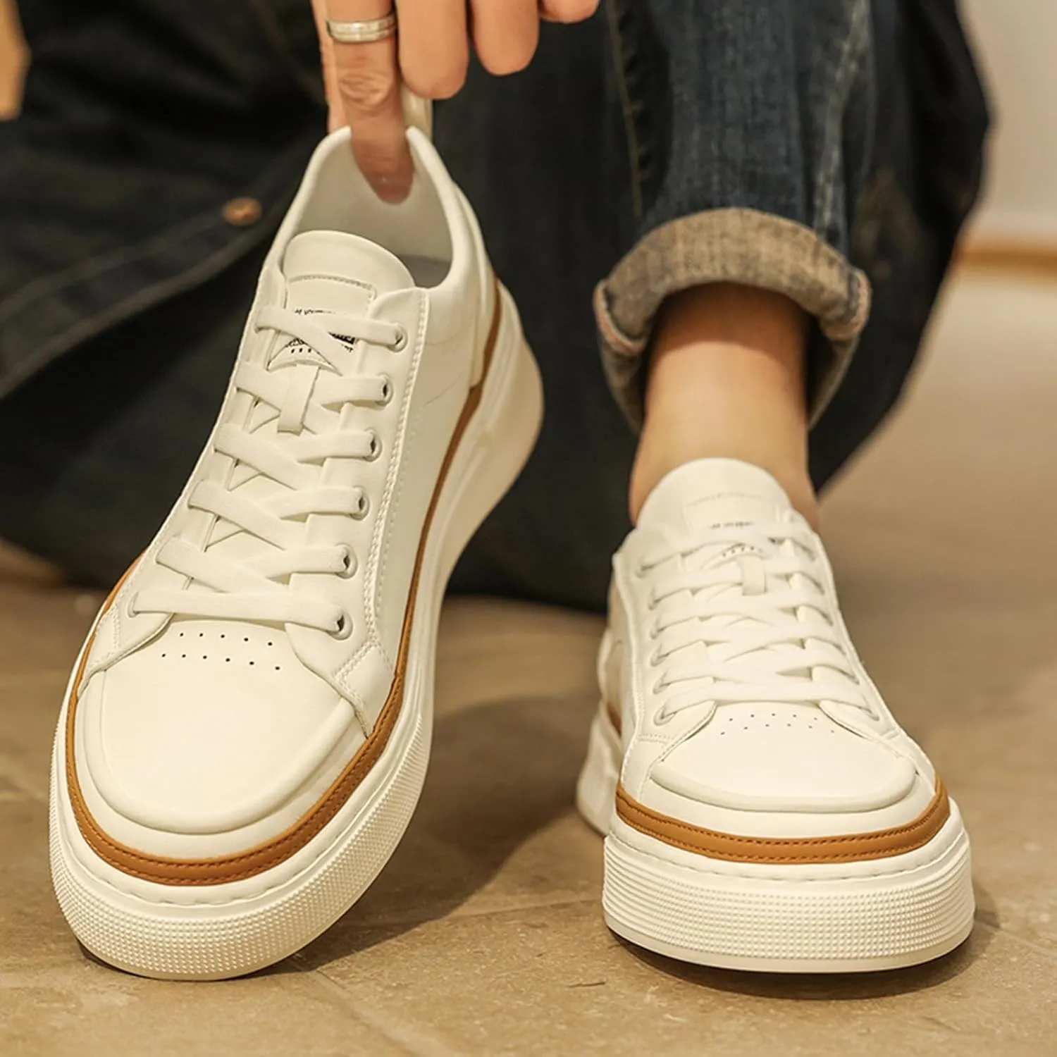Men's Fashion Leather Lace up Platform Sneakers Lightweight Comfortable Non Slip Dress Casual Walking Tennis Driving Daily Shoes