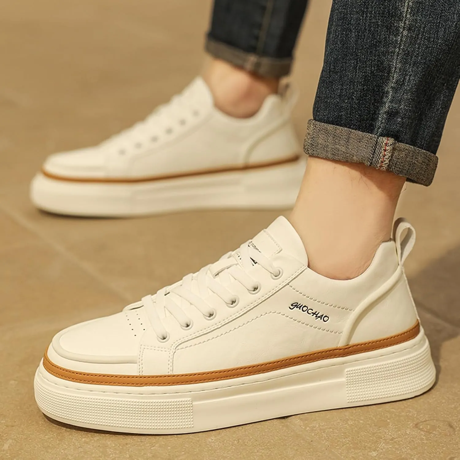 Men's Fashion Leather Lace up Platform Sneakers Lightweight Comfortable Non Slip Dress Casual Walking Tennis Driving Daily Shoes