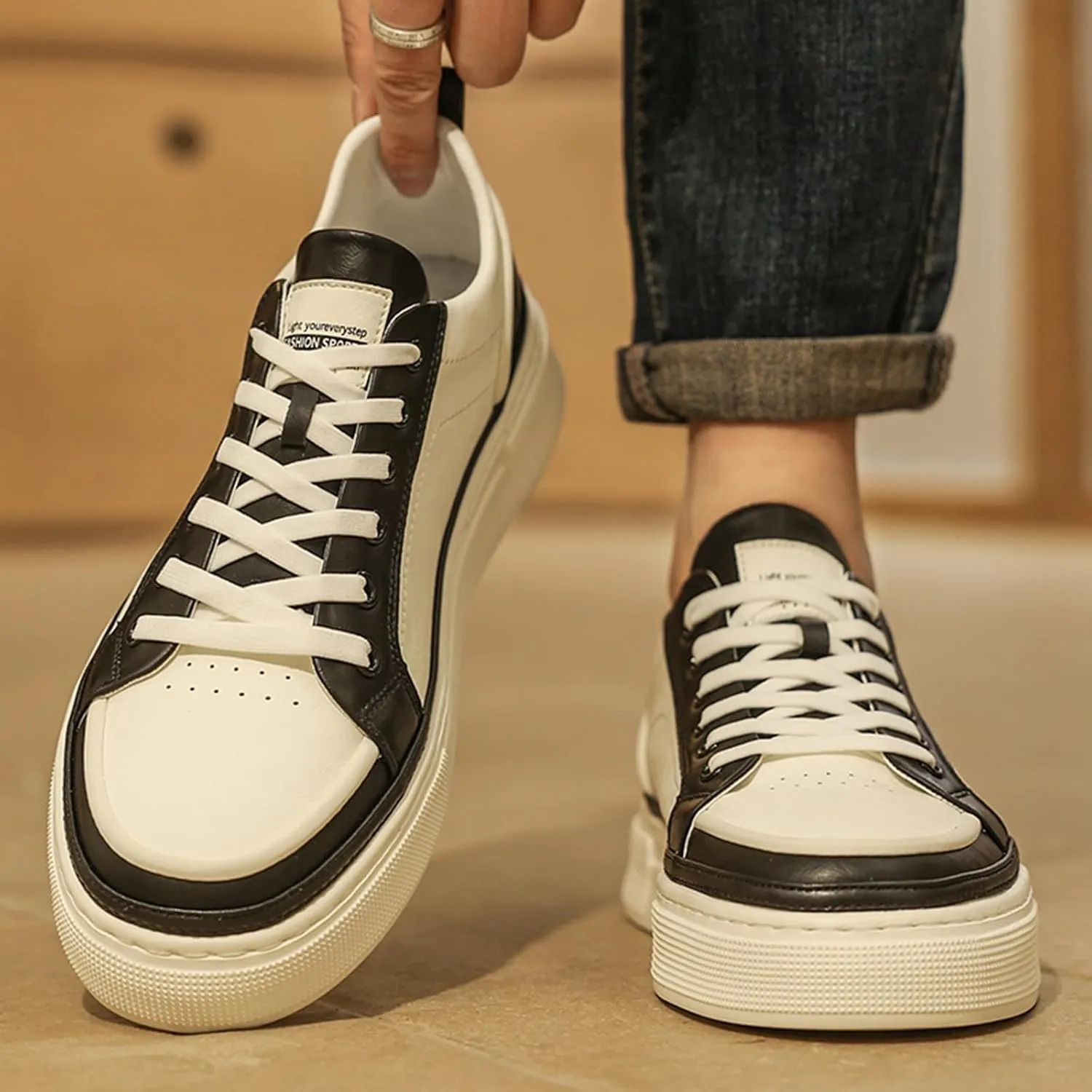 Men's Fashion Leather Lace up Platform Sneakers Lightweight Comfortable Non Slip Dress Casual Walking Tennis Driving Daily Shoes