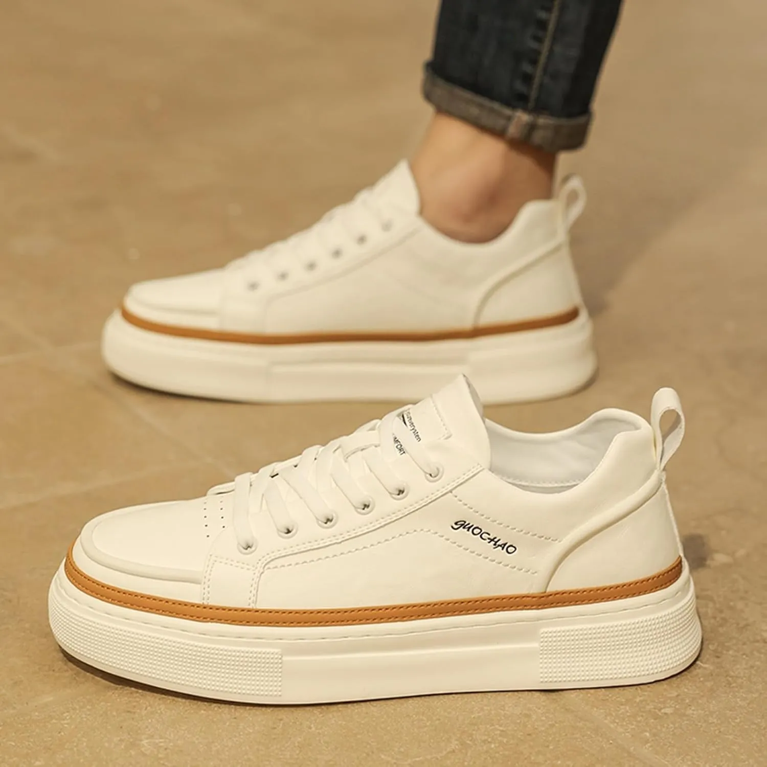 Men's Fashion Leather Lace up Platform Sneakers Lightweight Comfortable Non Slip Dress Casual Walking Tennis Driving Daily Shoes