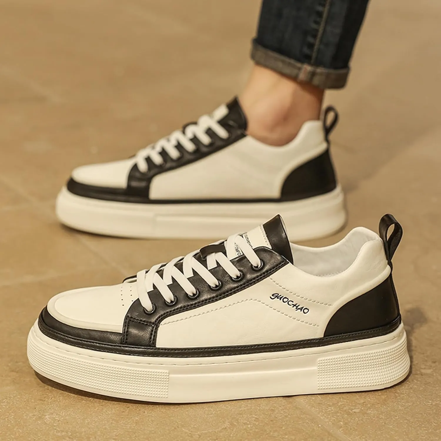 Men's Fashion Leather Lace up Platform Sneakers Lightweight Comfortable Non Slip Dress Casual Walking Tennis Driving Daily Shoes