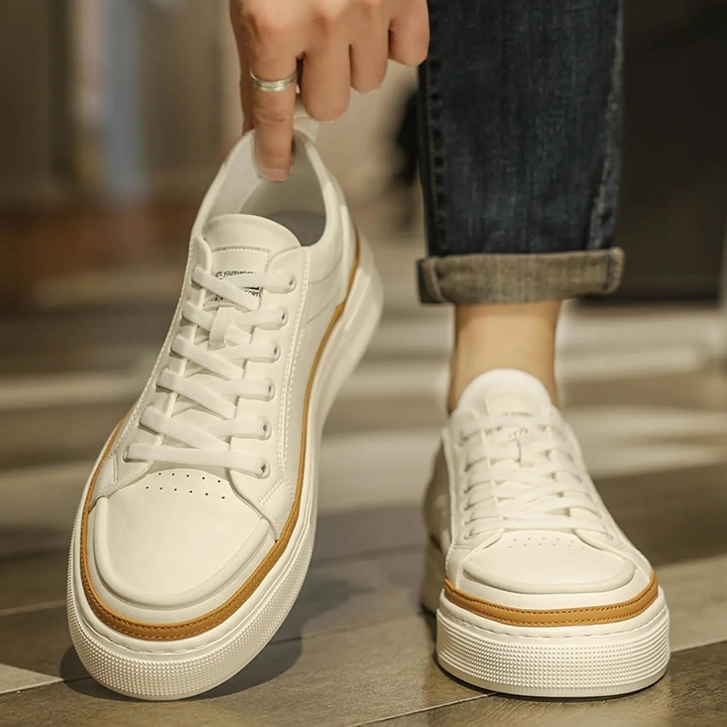 Men's Fashion Leather Lace up Platform Sneakers Lightweight Comfortable Non Slip Dress Casual Walking Tennis Driving Daily Shoes
