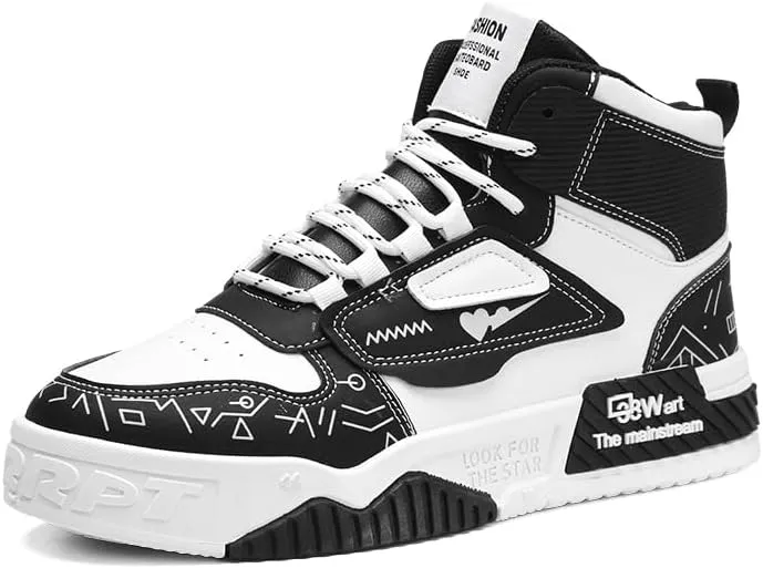 Men's Fashion Sneakers, High Top Skate Shoes, Lightweight, Casual Walking Shoes, Stylish Casual Hip Hop Shoes, White Canvas (Black, Adult, Men, 6.5, Numeric, US Footwear Size System, Medium)