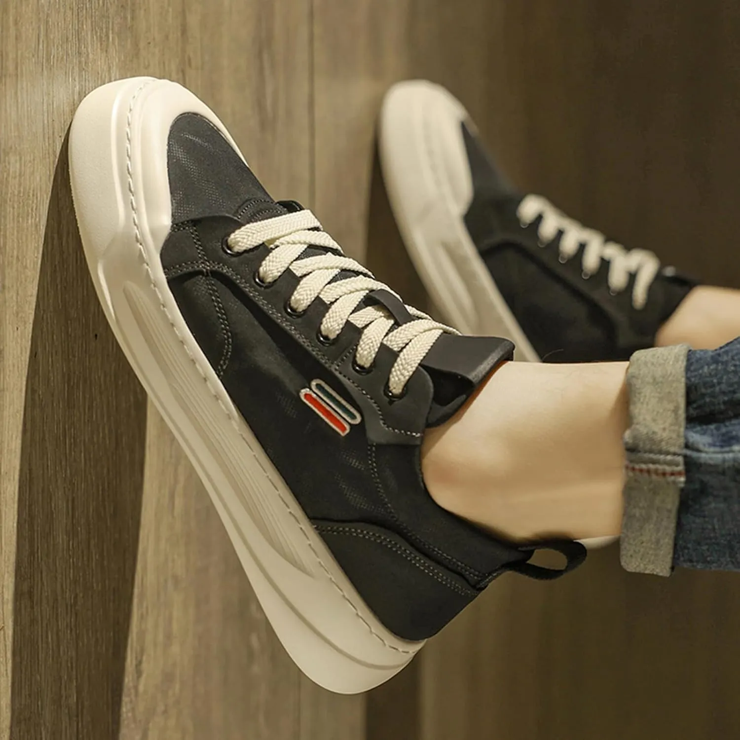 Men's Fashionable Breathable Canvas Lace Up Platform Sneakers Casual Lightweight Comfortable Round Toe Non Slip Walking Daily Shoes