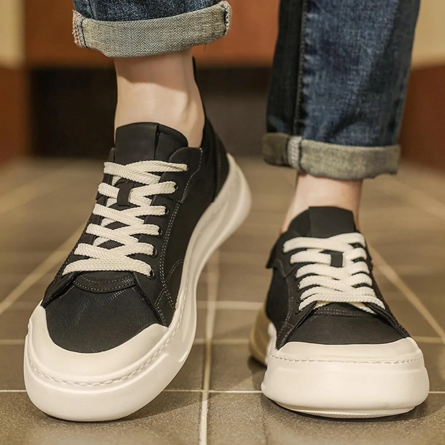 Men's Fashionable Breathable Canvas Lace Up Platform Sneakers Casual Lightweight Comfortable Round Toe Non Slip Walking Daily Shoes