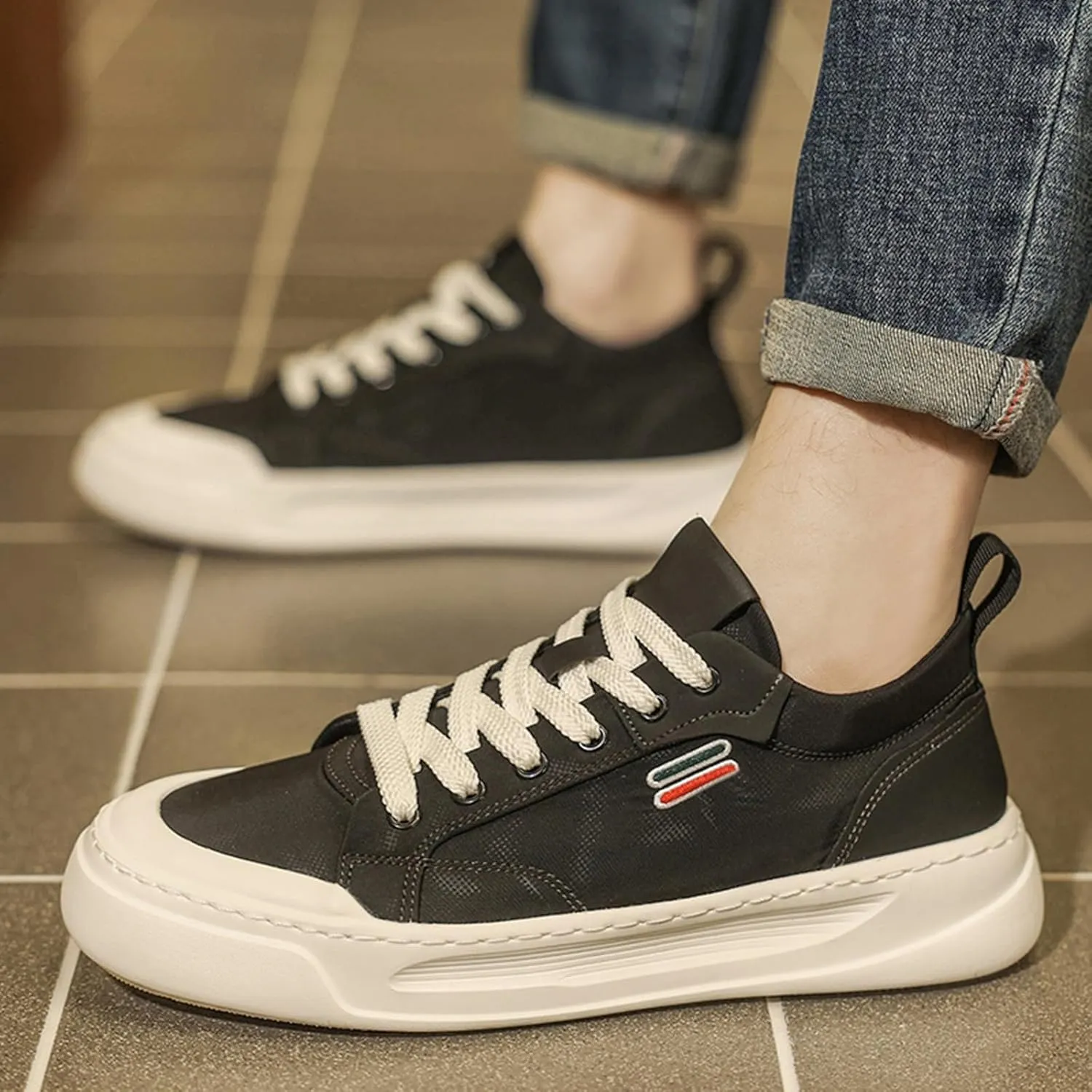 Men's Fashionable Breathable Canvas Lace Up Platform Sneakers Casual Lightweight Comfortable Round Toe Non Slip Walking Daily Shoes