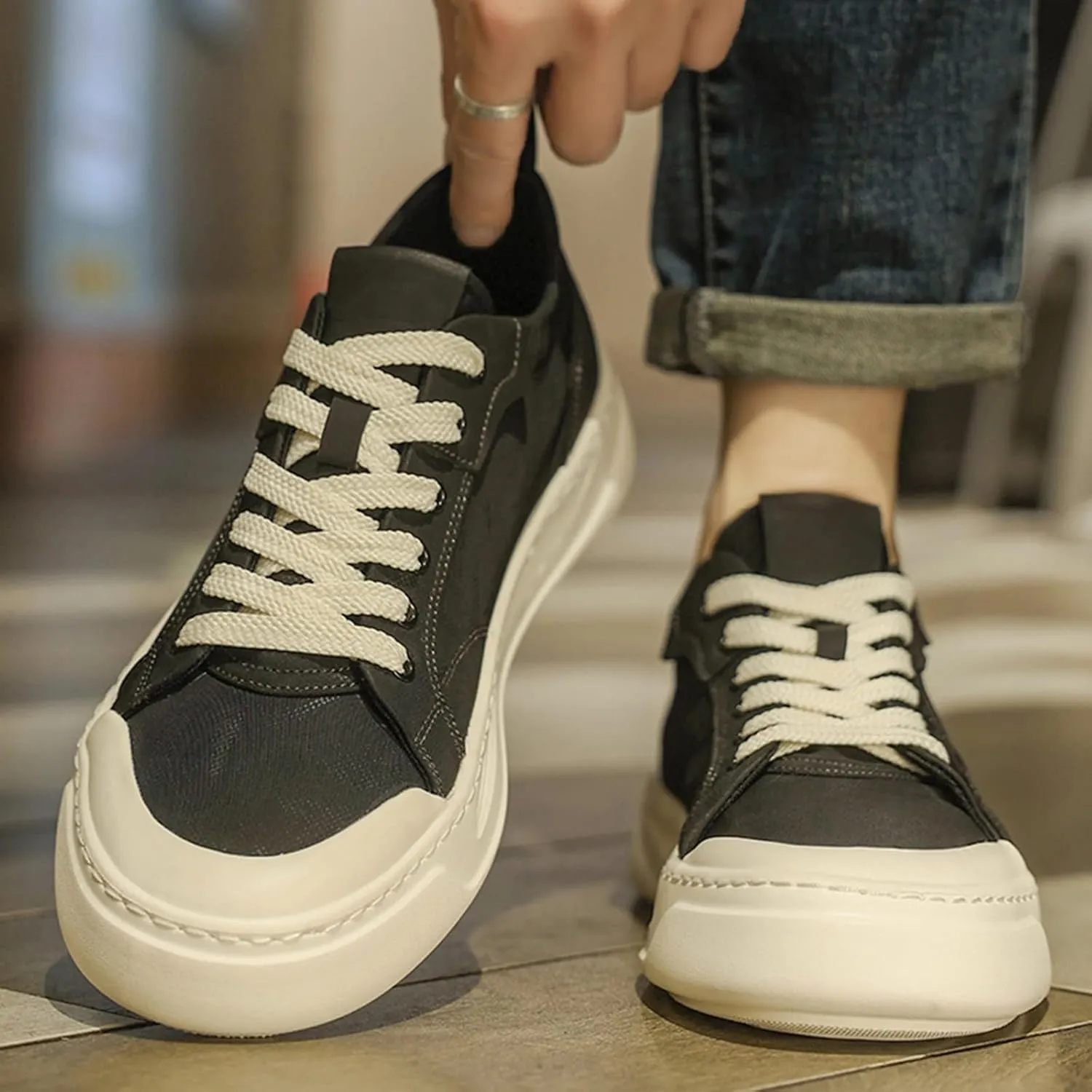 Men's Fashionable Breathable Canvas Lace Up Platform Sneakers Casual Lightweight Comfortable Round Toe Non Slip Walking Daily Shoes