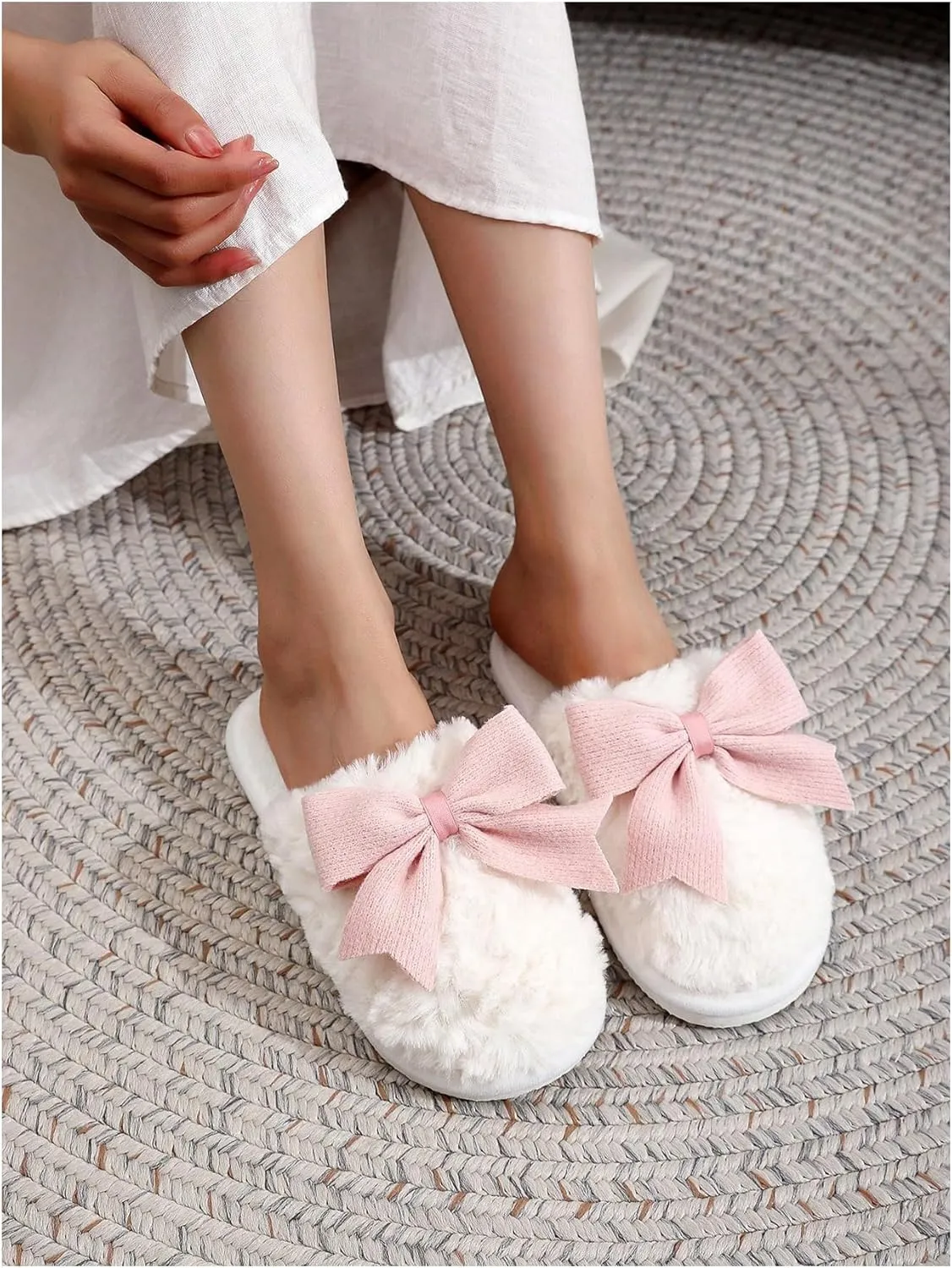 OYOANGLE Women's Bow Decor Round Toe Fuzzy Slippers Plush Home Slippers Indoor Bedroom Warm Slippers