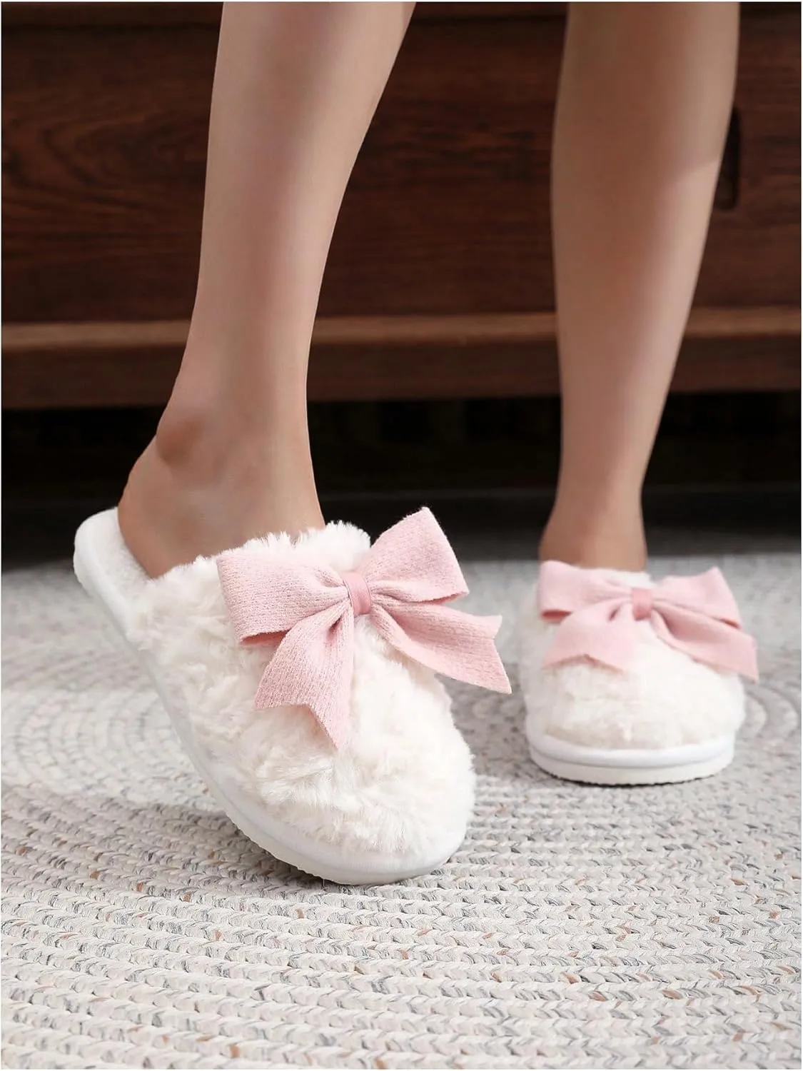 OYOANGLE Women's Bow Decor Round Toe Fuzzy Slippers Plush Home Slippers Indoor Bedroom Warm Slippers