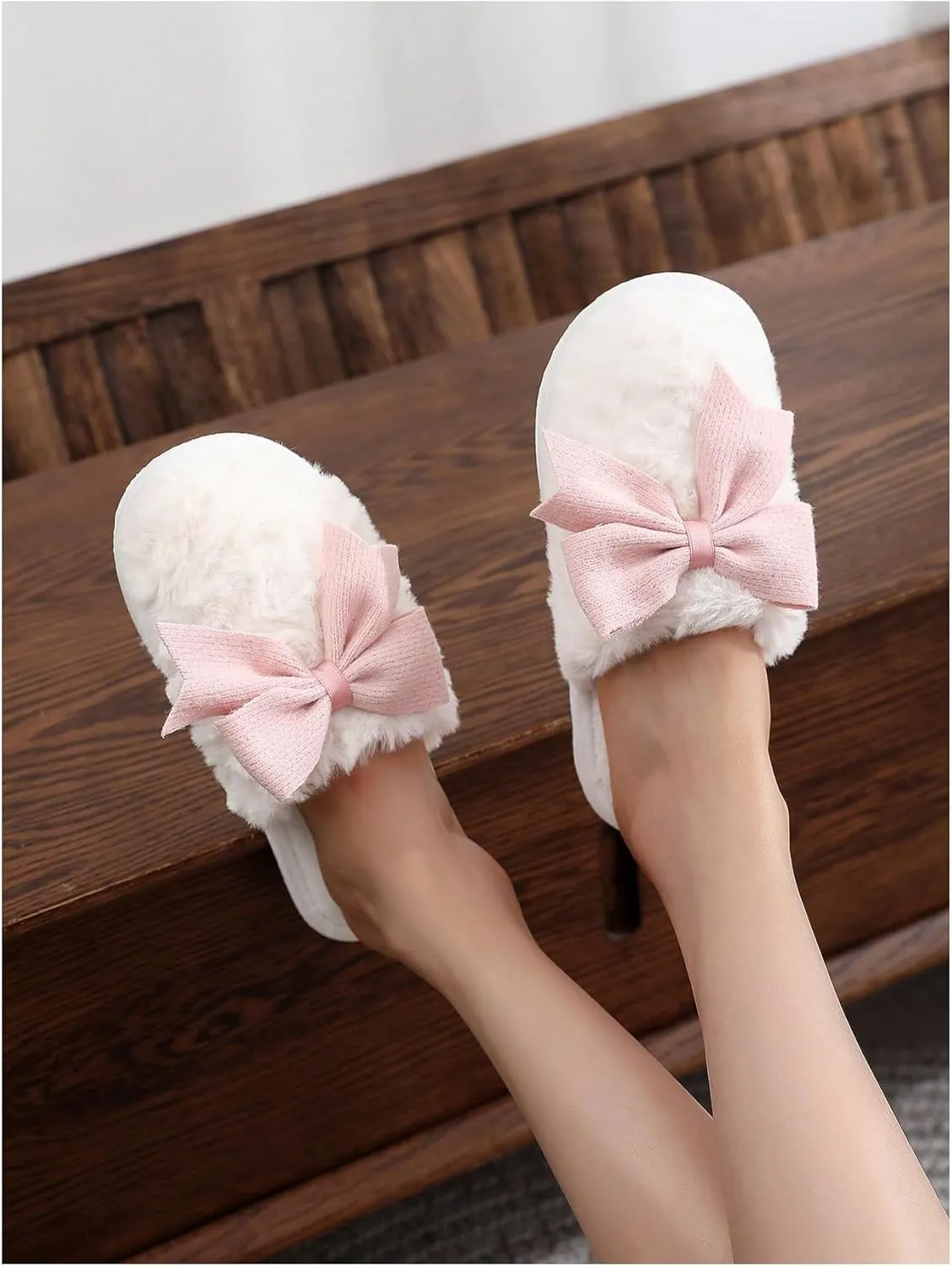 OYOANGLE Women's Bow Decor Round Toe Fuzzy Slippers Plush Home Slippers Indoor Bedroom Warm Slippers