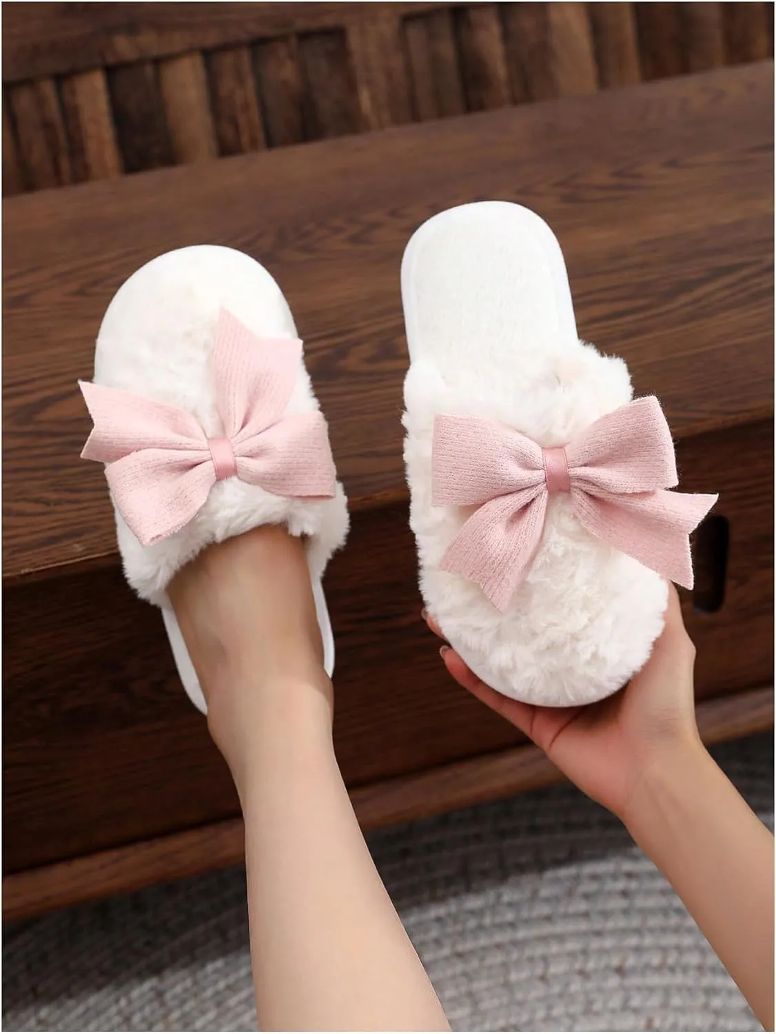 OYOANGLE Women's Bow Decor Round Toe Fuzzy Slippers Plush Home Slippers Indoor Bedroom Warm Slippers