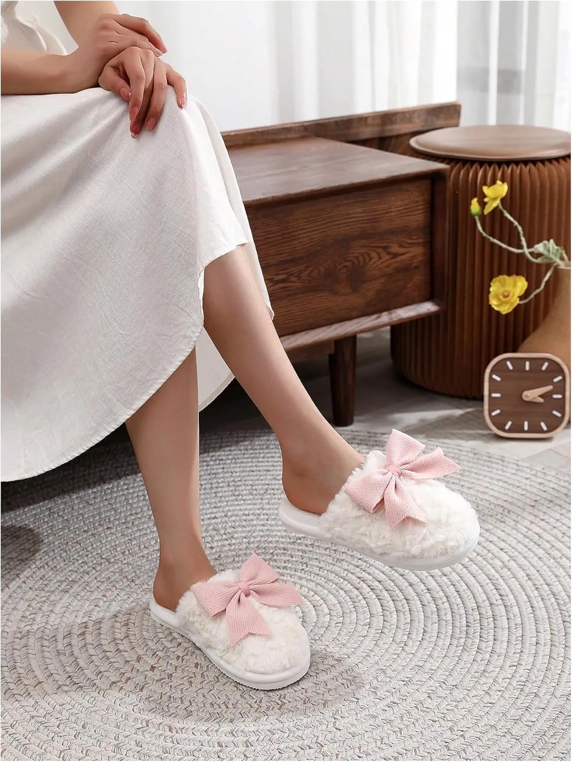 OYOANGLE Women's Bow Decor Round Toe Fuzzy Slippers Plush Home Slippers Indoor Bedroom Warm Slippers