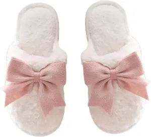 OYOANGLE Women's Bow Decor Round Toe Fuzzy Slippers Plush Home Slippers Indoor Bedroom Warm Slippers
