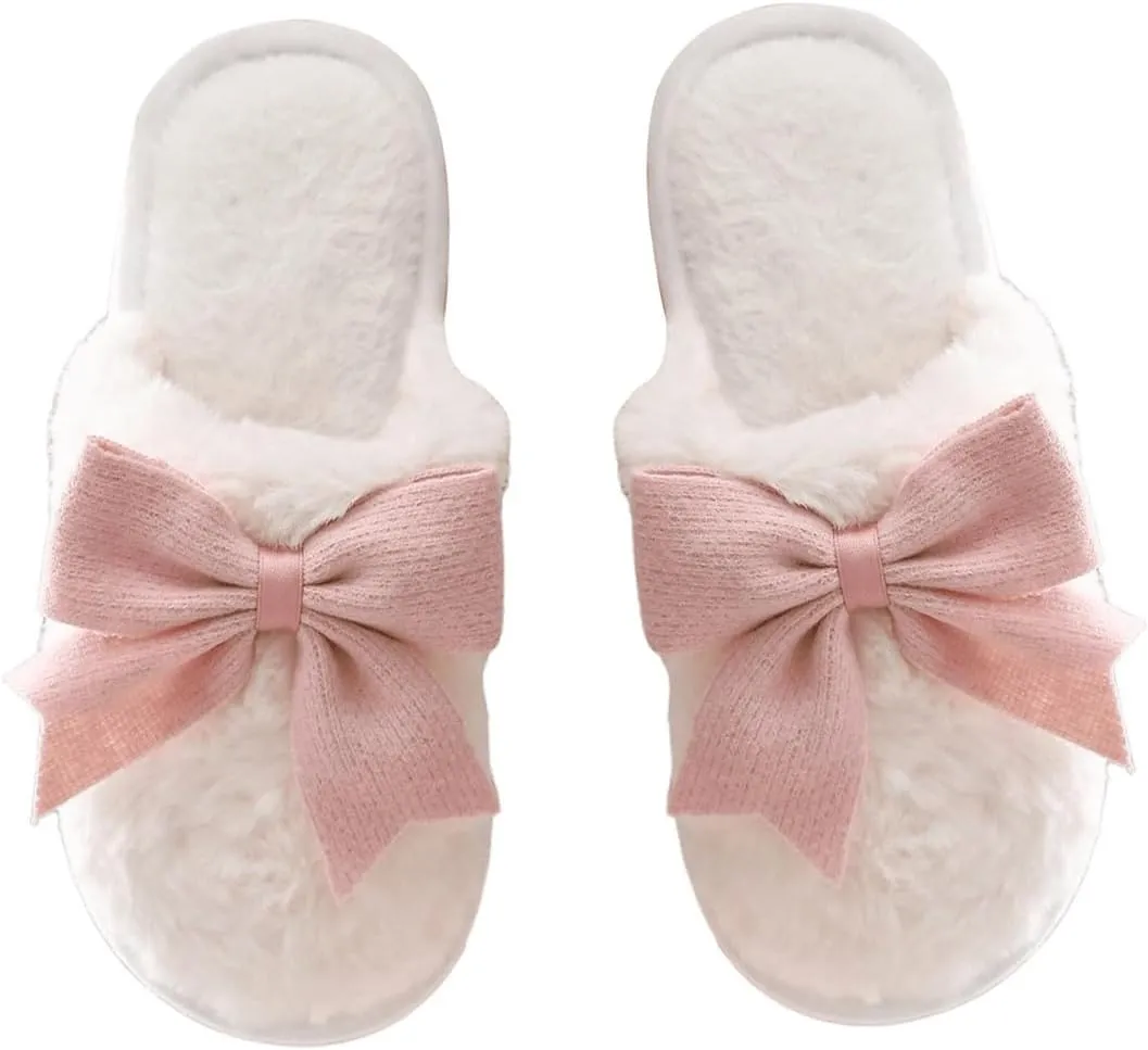 OYOANGLE Women's Bow Decor Round Toe Fuzzy Slippers Plush Home Slippers Indoor Bedroom Warm Slippers