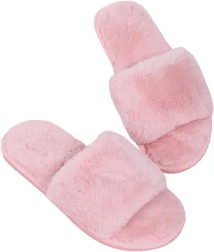 OYOANGLE Women's Furry Fur Slippers Open Toe Comfy Home Slides Fuzzy Indoor Outdoor Bedroom Warm Slippers